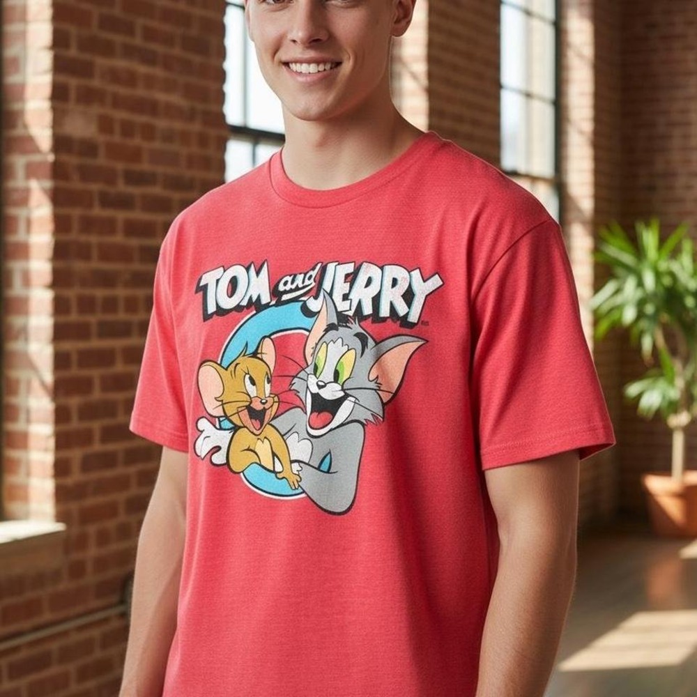Tom and Jerry Red Vintage Wash Graphic T Shirt Oversized Cartoon Tee - Picture 2 of 7